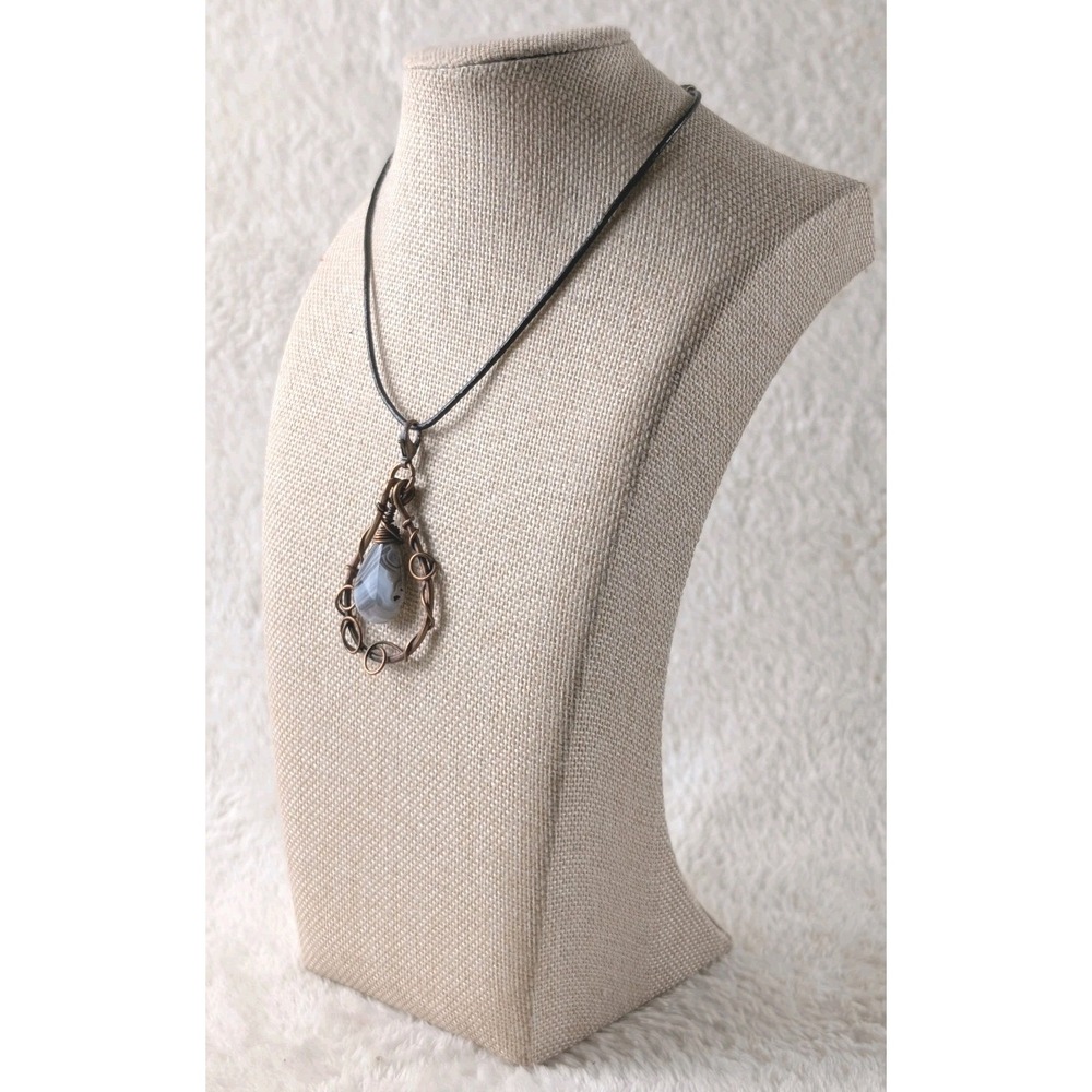 Handmade Copper Wire‎ Wrapped Banded Agate Pendant Necklace Boho Artisan